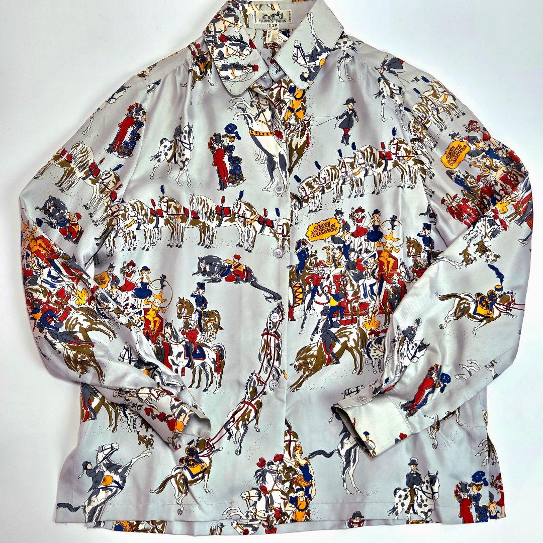 HERMES エルメス シルクシャツ 38 馬柄 サーカス 動物 ブルー系 長袖