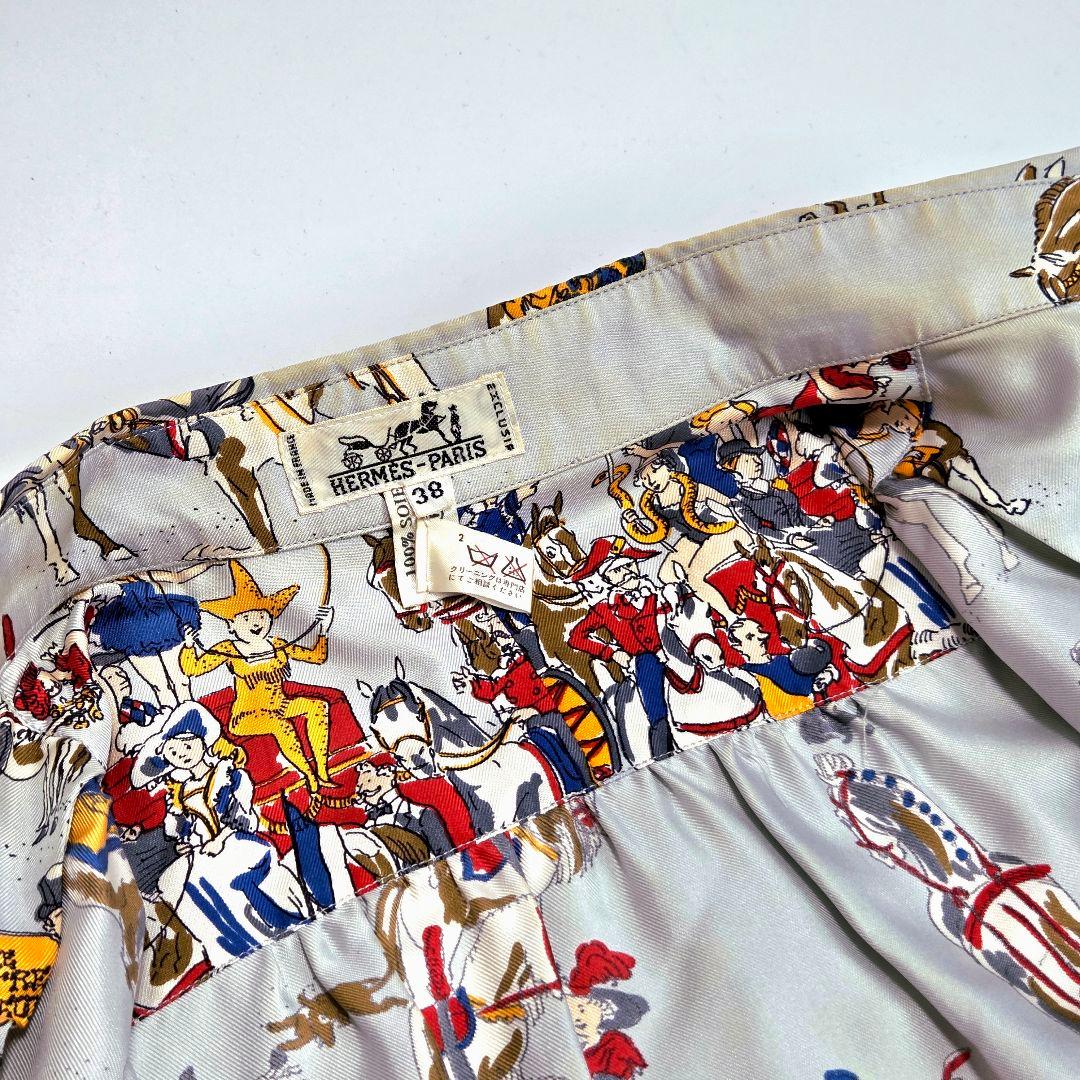HERMES エルメス シルクシャツ 38 馬柄 サーカス 動物 ブルー系 長袖