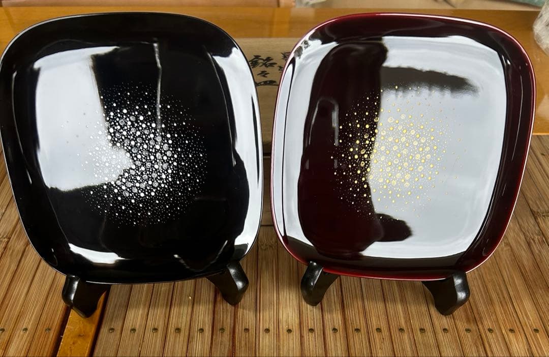 希少　輪島塗　慶塚作　星遊　銘々皿　金　プラチナ銀　2枚　木製プレートスタンド付