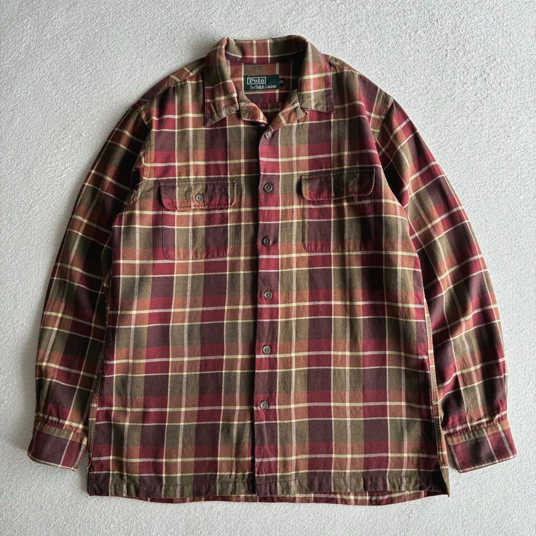 90s Ralph Lauren コットンウール オープンカラー チェックシャツ