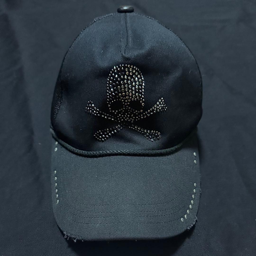 00s roen スワロフスキー スカル スタッズ ダメージ キャップ Roen - スワロスカルメッシュベースボールキャップ / BLACK×レッド