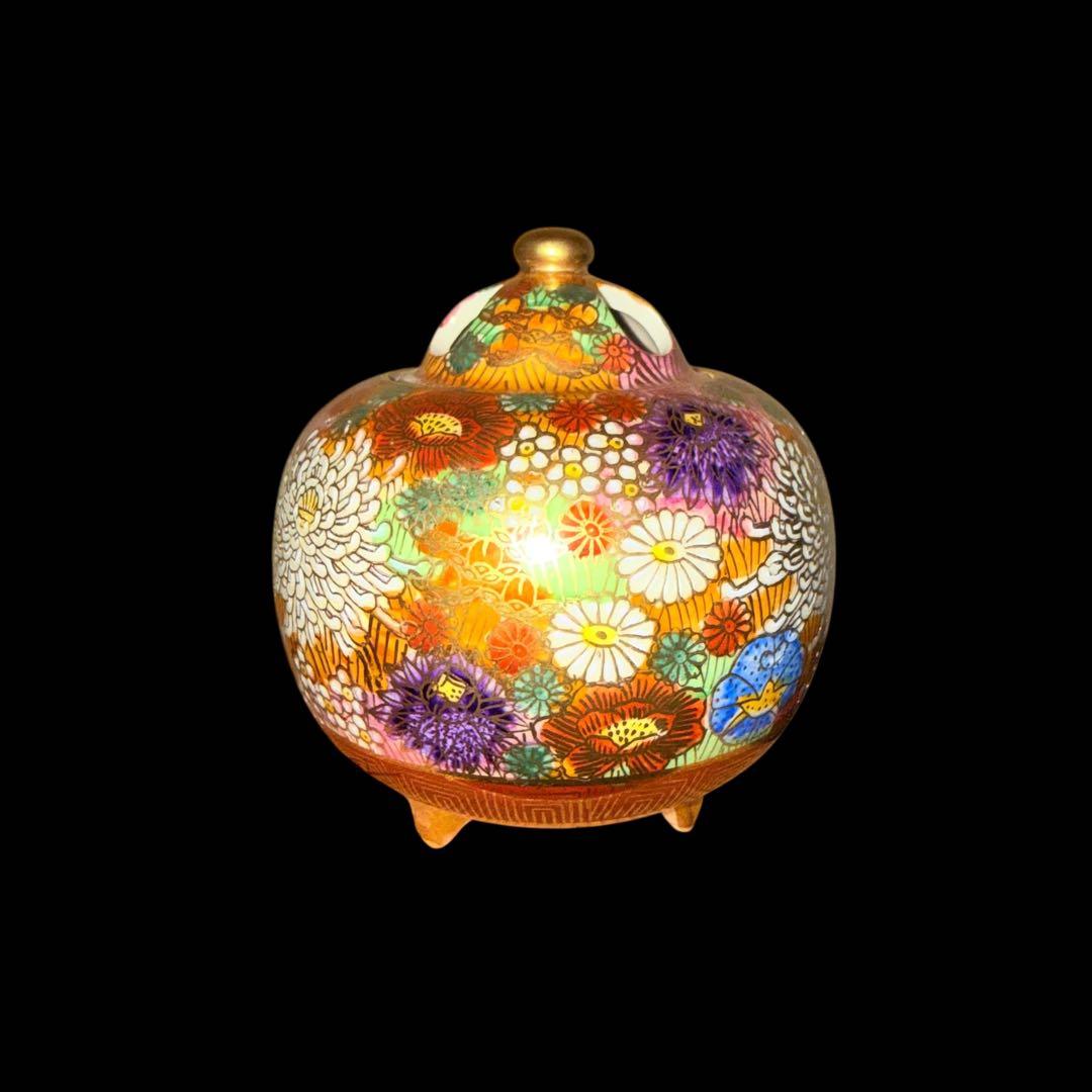 未使用】九谷焼 幸仙窯 花柄香炉 木箱付き金彩花詰 陶器