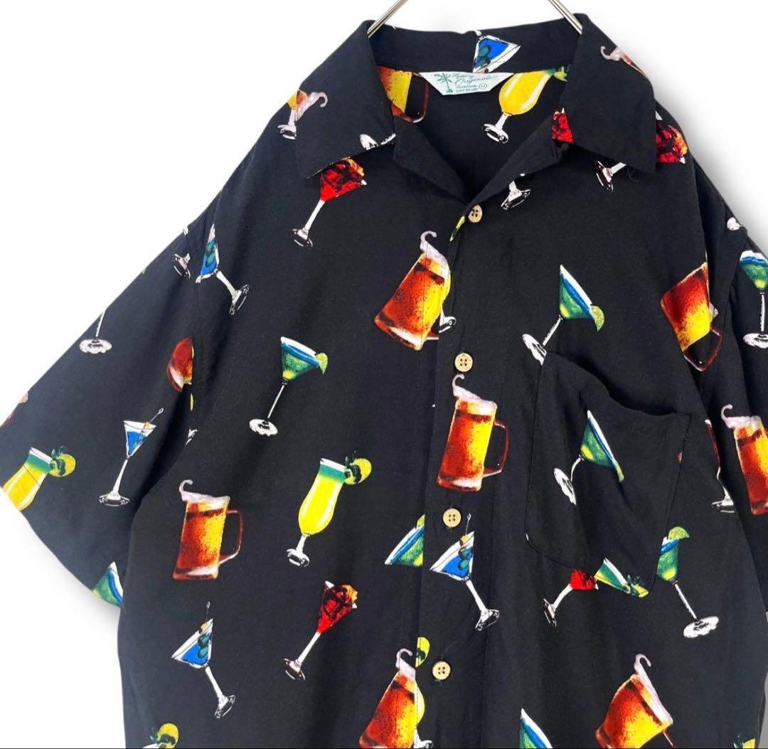 古着 開襟 ブラック オープンカラーシャツ ドリンク 総柄 M アロハ
