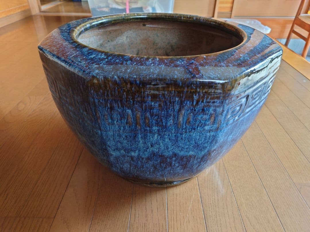 青色 八角形 火鉢