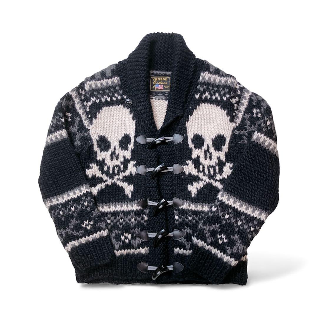 肉厚 /vanson/スカル/カウチン/ニット/カーディガン/羊毛/防寒/ M