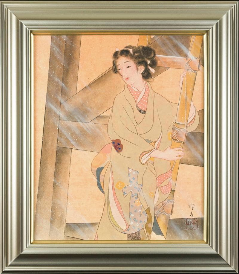 池田輝方　日本画　肉筆『お七』表サイン　画廊シール　紙本　F8号　額装　b370