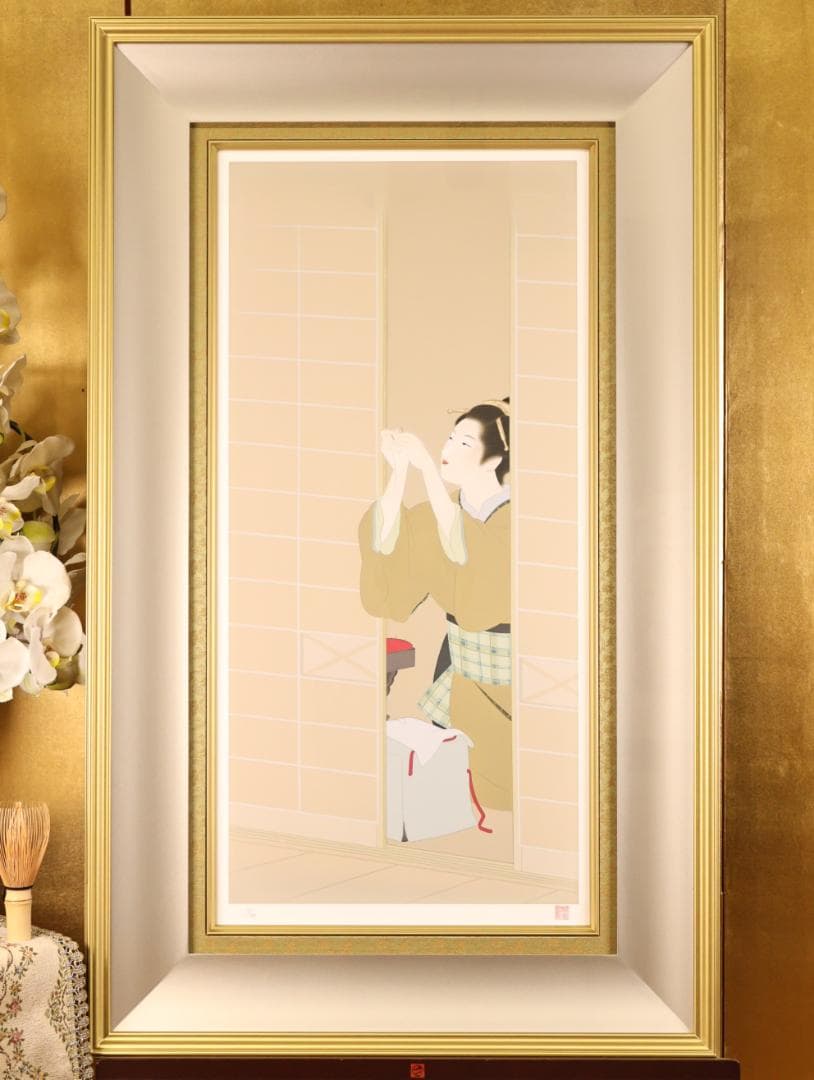 【真作】　BK278　上村松園　「 夕暮 」　10/180　シルクスクリーン 美品 上村松園「夕暮」シルクスクリーン 上村淳之監修の証明シール有