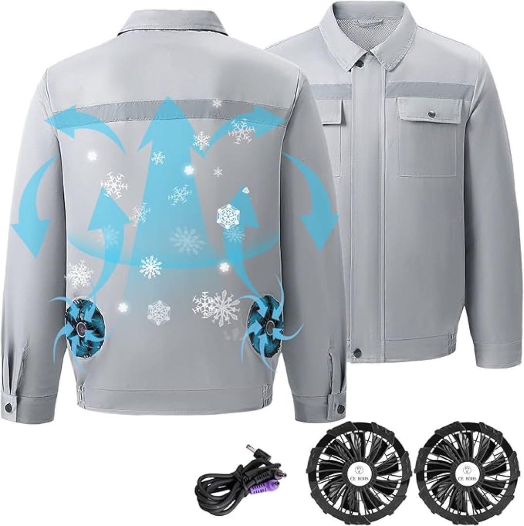 ファン付き作業着長袖扇風機2個付 USB接続 3段階高視認性反射テープ付速乾