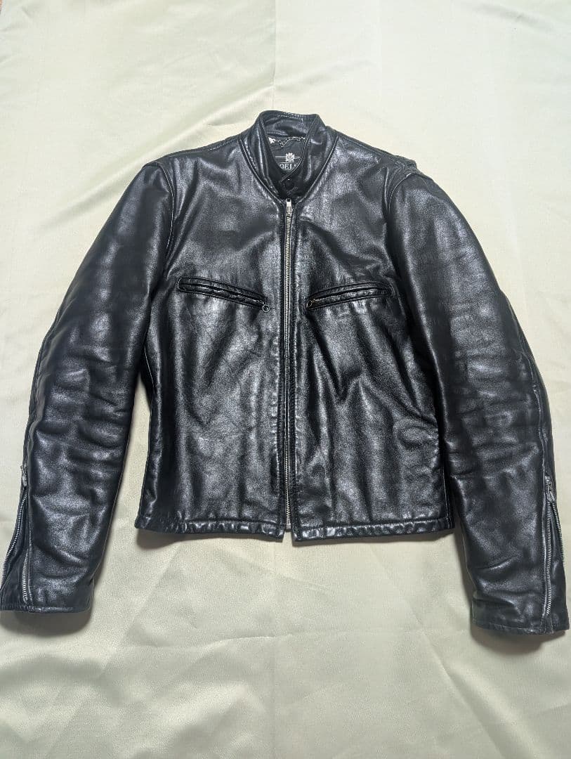 FIDELITY ブラック シングルライダースジャケット ヴィンテージ 茶芯 70's ヴィンテージ復刻 茶芯 カウレザー シングルライダース