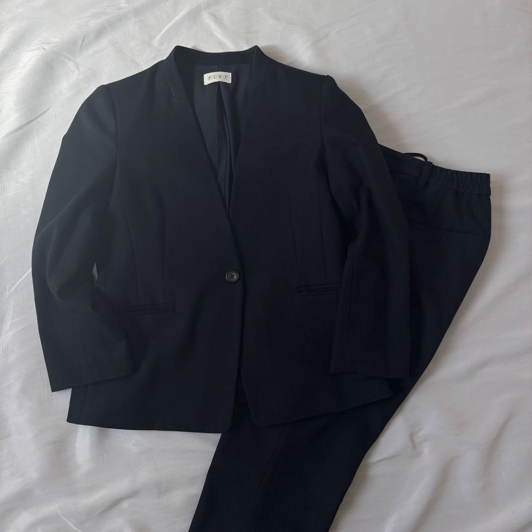 PLST ノーカラー セットアップ パンツスーツ Lサイズ 濃紺 SUIT SELECT セットアップ 「おうちで洗えるストレッチスーツ」「すぐ