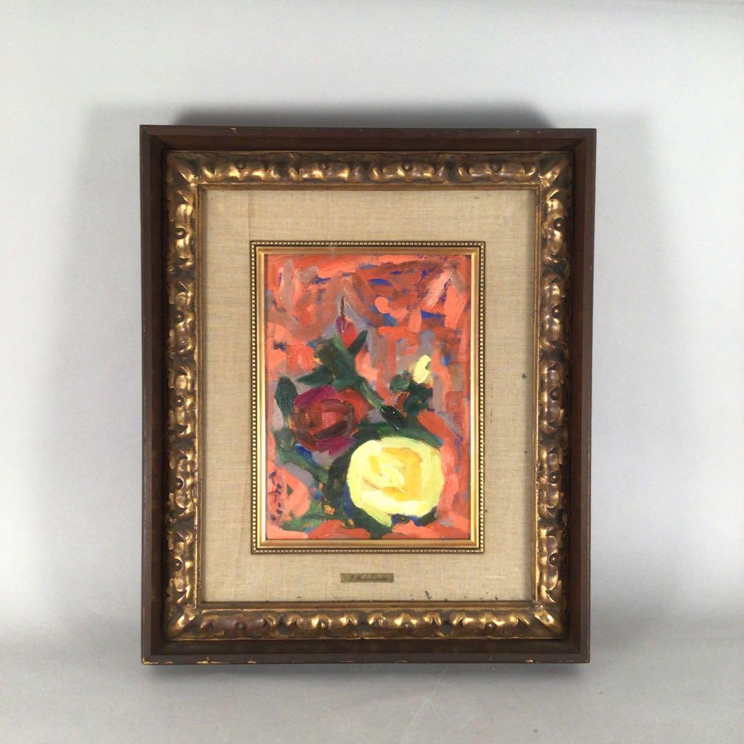 No3474 額装　中畠一宇　油彩画　「バラ」5号　直筆サイン　裏書有　送料無料