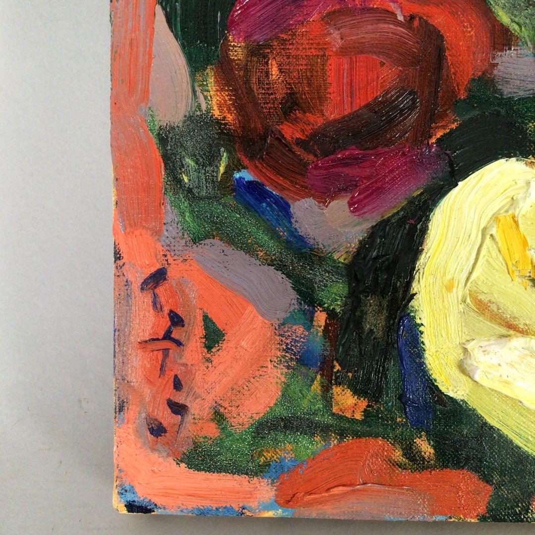 No3474 額装中畠一宇油彩画「バラ」5号直筆サイン裏書有送料無料