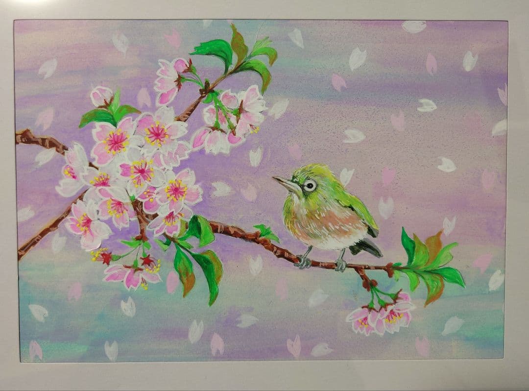 アクリル画 風景画 原画 「桜とめじろ」 A4サイズ 黒フレーム付 - メルカリ