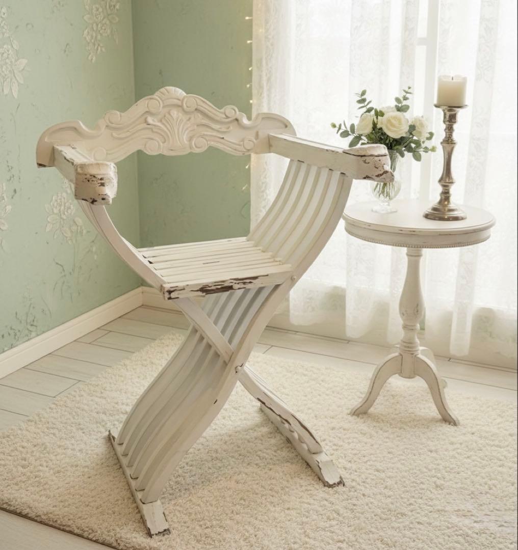 フランスアンティーク サボナローラチェア X脚 折りたたみ椅子 シャビーホワイト 重厚なたたずまい フランスアンティーク サボナローラチェア 65140