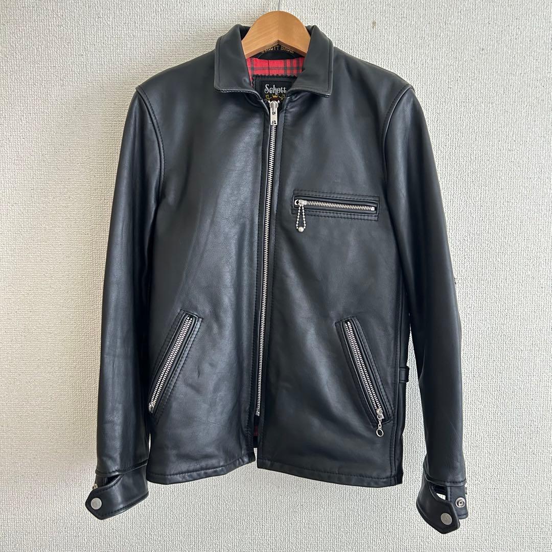 ●Schott ブラックレザーライダースジャケット チェック柄 牛革
