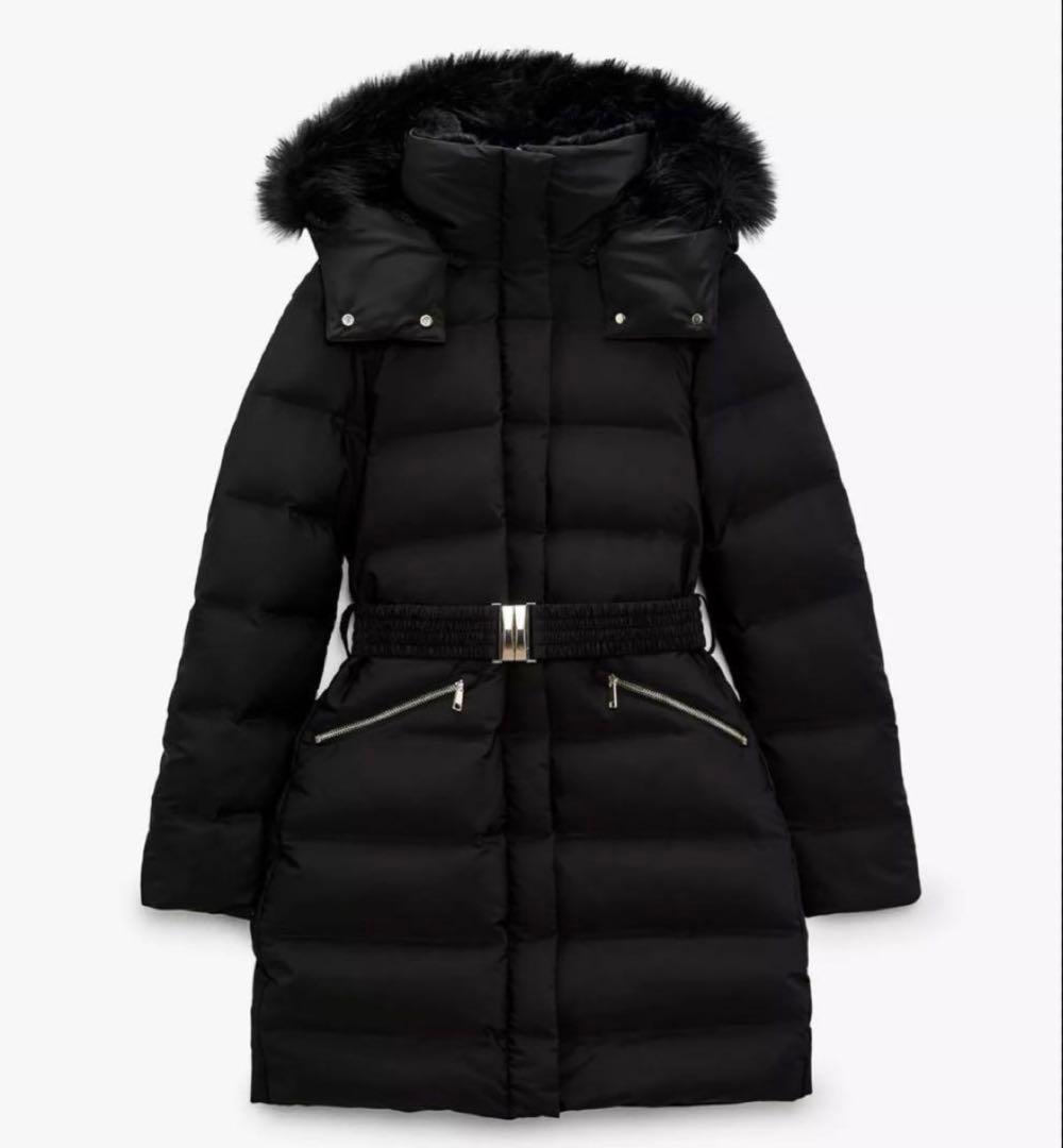 ZARA ザラ フェイクファーフーデッドダウンパフジャケット ダウンコート