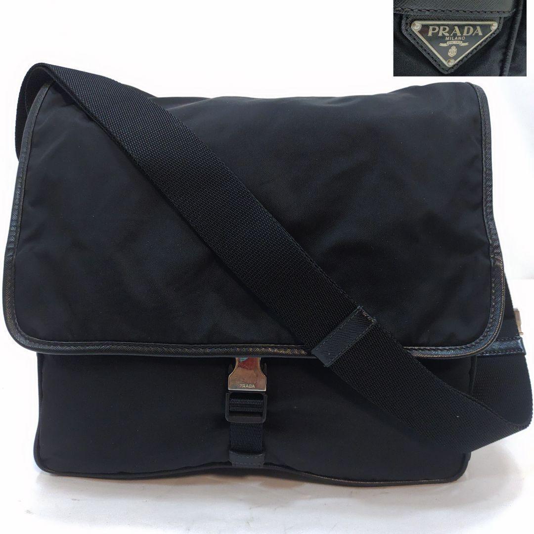 プラダ メッセンジャーバッグ サフィアーノレザー×ナイロン A4可 三角ロゴ 黒