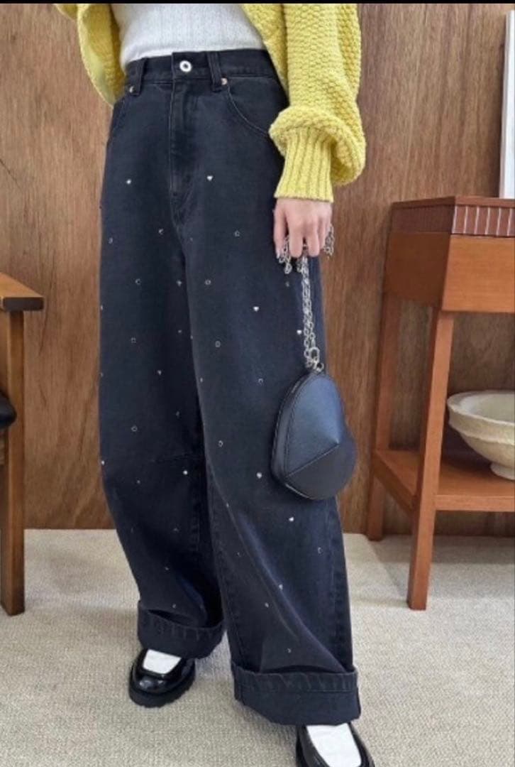 リリーブラウン　ハートビジュー　ワイドデニム　ブラック　0