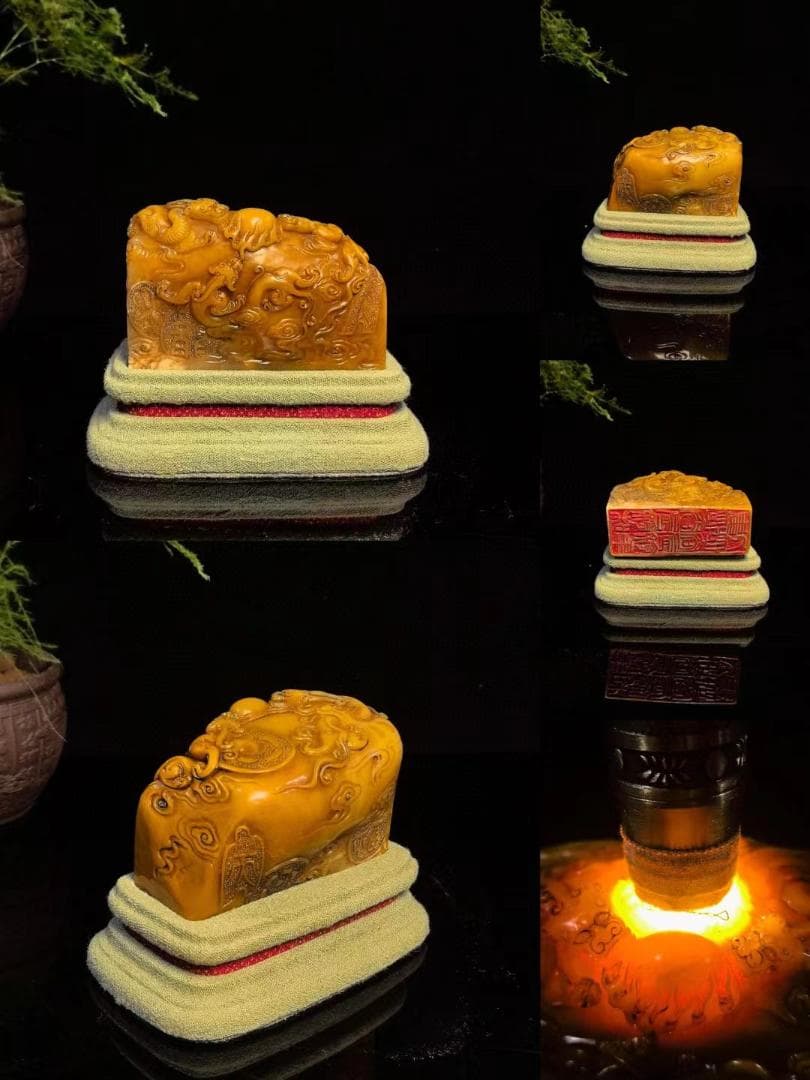 中国古美術・旧蔵寿山石瑞獣献宝の印鑑・手彫り・田黄石・風水・書道具・文房具・置物