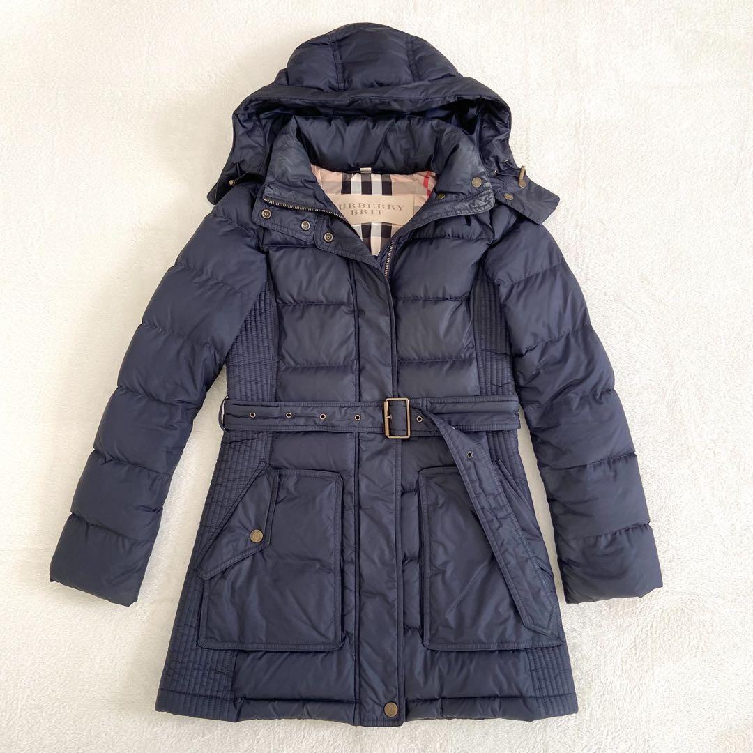 かわいいウサギBurberry ロングダウンコート　濃紺　メガチェック　M