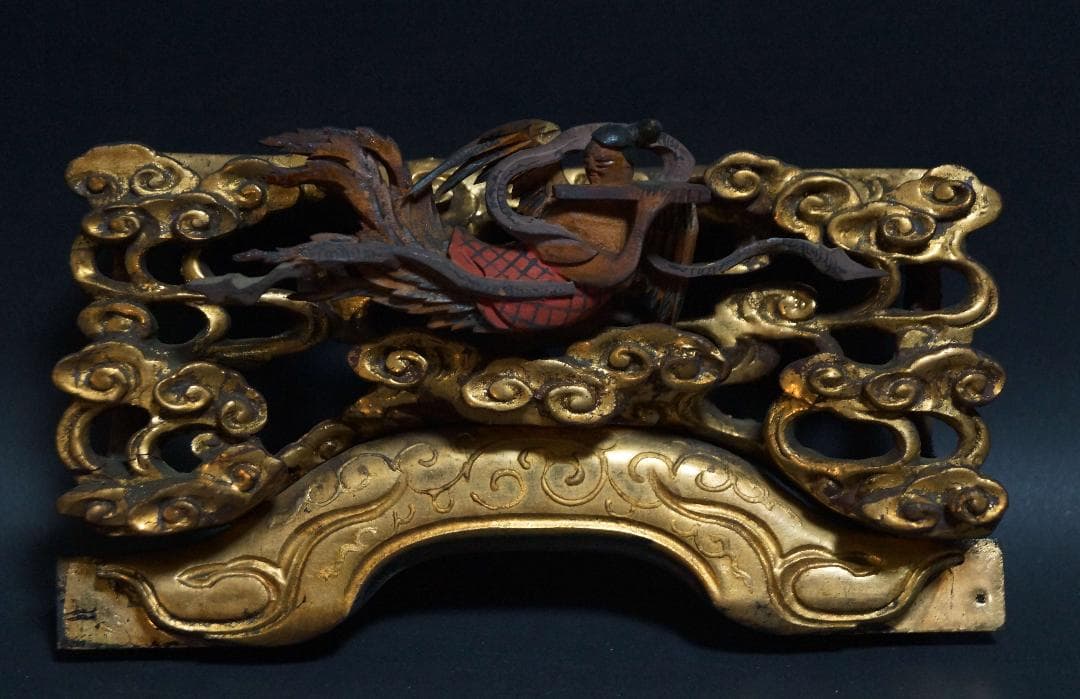 江戸末期一刀彫り高浮彫『天女飛天図』 木造彩漆金箔 木彫欄間飾り置物オブジェ