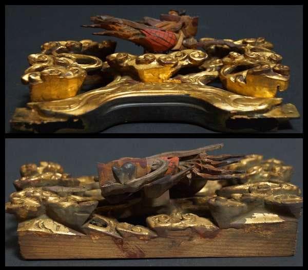 江戸末期一刀彫り高浮彫『天女飛天図』 木造彩漆金箔 木彫欄間飾り置物