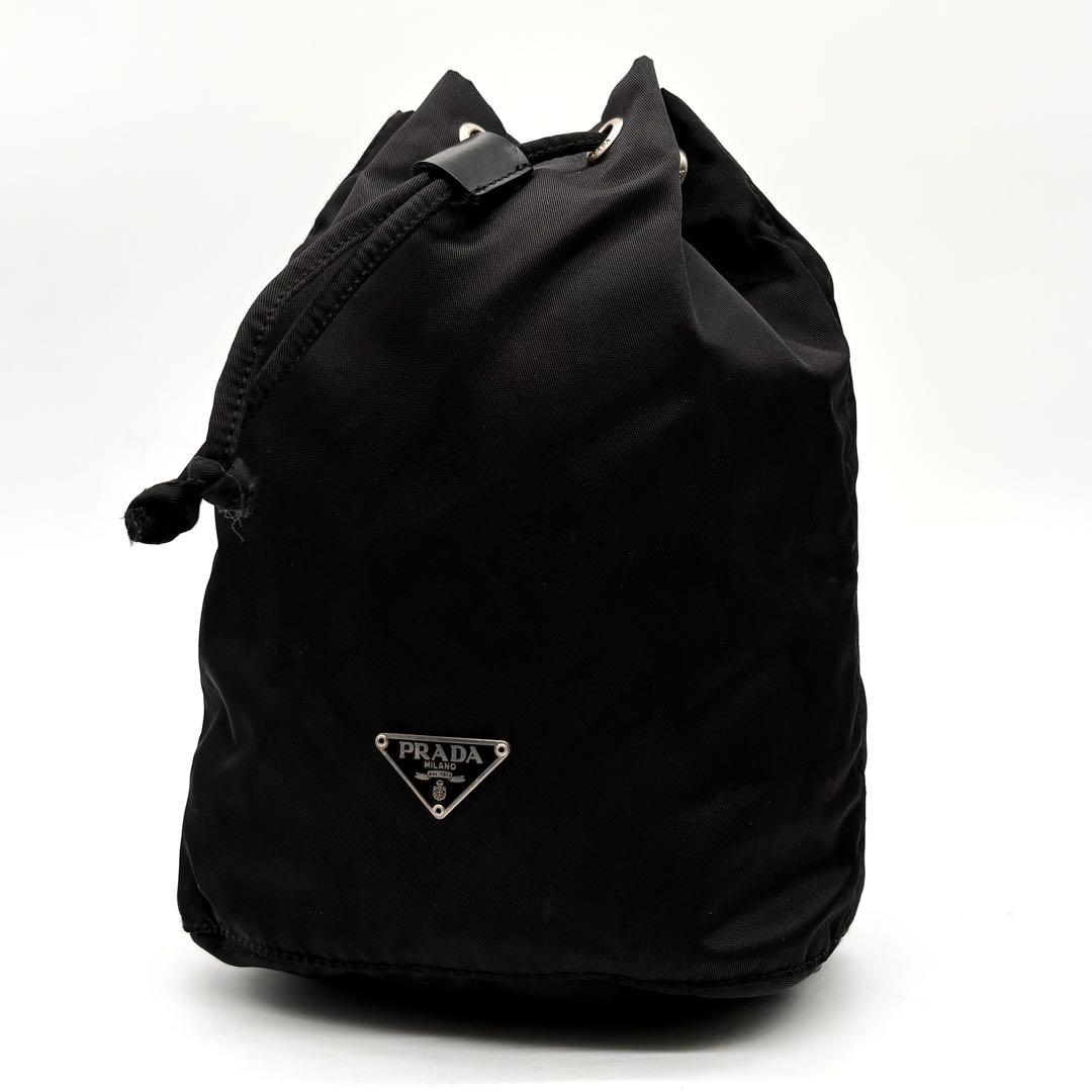 美品✨プラダ 巾着 ポーチ ナイロン レザー 三角ロゴ 白タグ ブラック