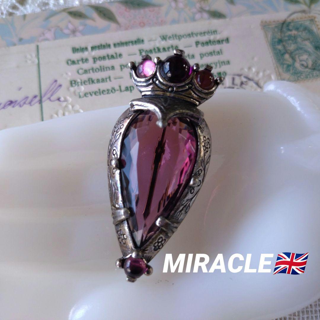 イギリス製ヴィンテージ　MIRACLE　パープルガラス　ハート　王冠　ブローチ 英国製ヴィンテージMIRACLEブローチ 高いデザイン性