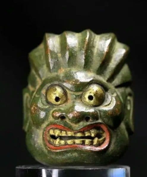 兎門 在銘 柘植彫 彩色 面根付 「雅楽面」 江戸時代