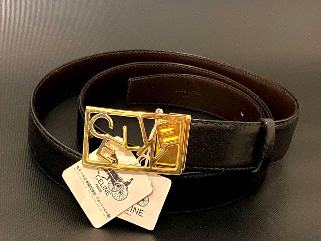 未使用 90s ビンテージ セリーヌ リバーシブル 本革 レザーベルト 黒/馬車