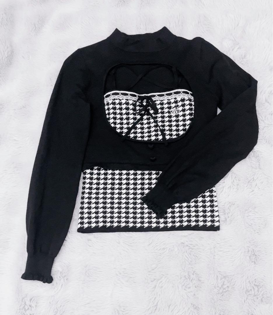 ハニーミュウ 千鳥柄ハイネックアンサンブルトップス 黒