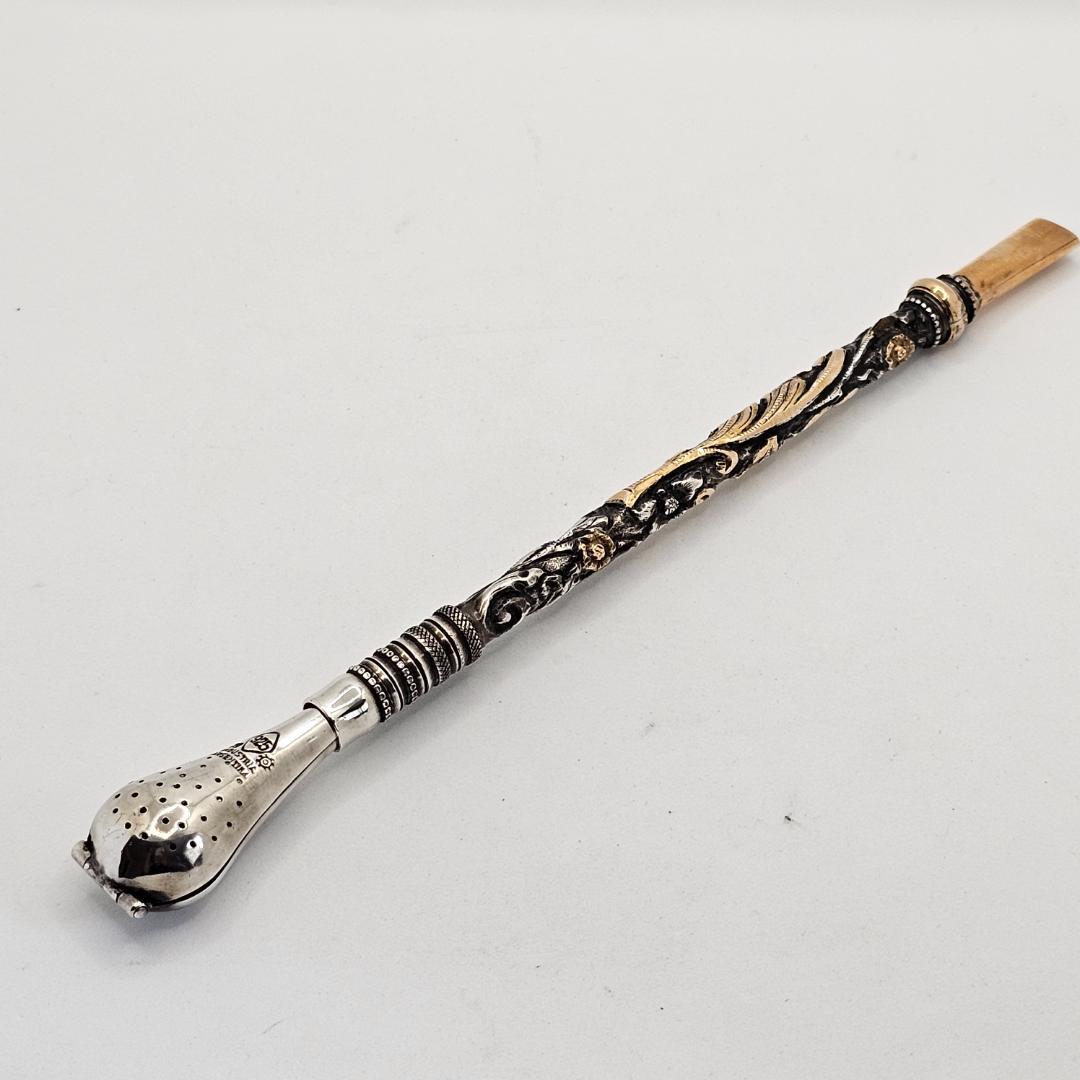 極上】アルゼンチン ボンビージャ 銀製 18K マテ茶ストロー 金装飾