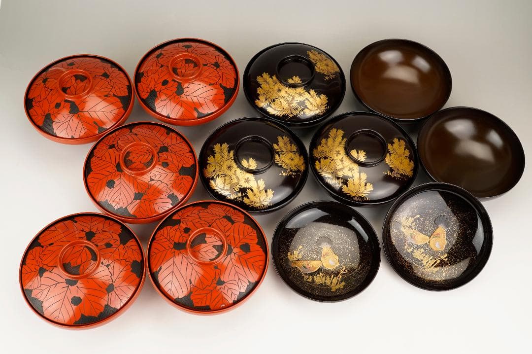 美品　輪島塗　椀忠製　鳩蒔絵　朱漆桐紋　吸物椀　十客　時代箱