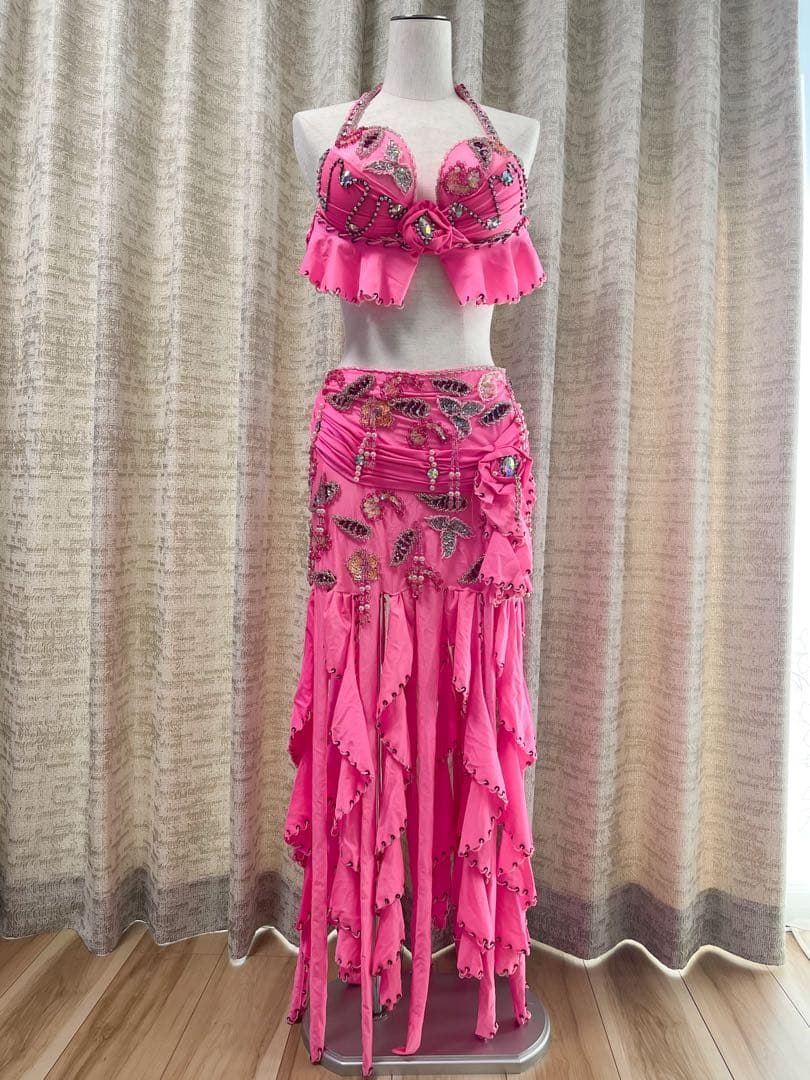 エジプト製ベリーダンス衣装 ピンク ドラムソロ　ミニスカート 予約商品＞＜オーダー＞ フリンジコスチューム ドラムソロ #509