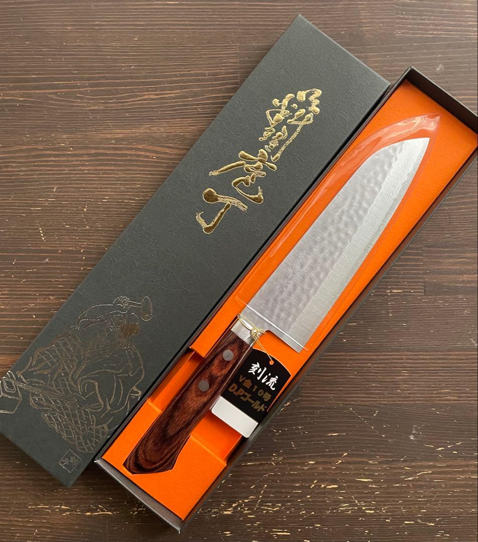 増谷刃物 訓平作 三徳包丁 VG10ステンレス 積層槌目（刻流）口金有