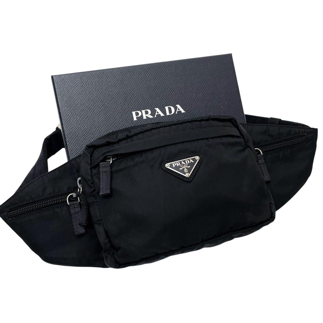 良品 プラダ ナイロン ウエスト ボディ バッグ 三角プレートロゴ ブラック 人気✨プラダ ウエストバッグ 三角ロゴプレート ナイロン 黒 ボディ
