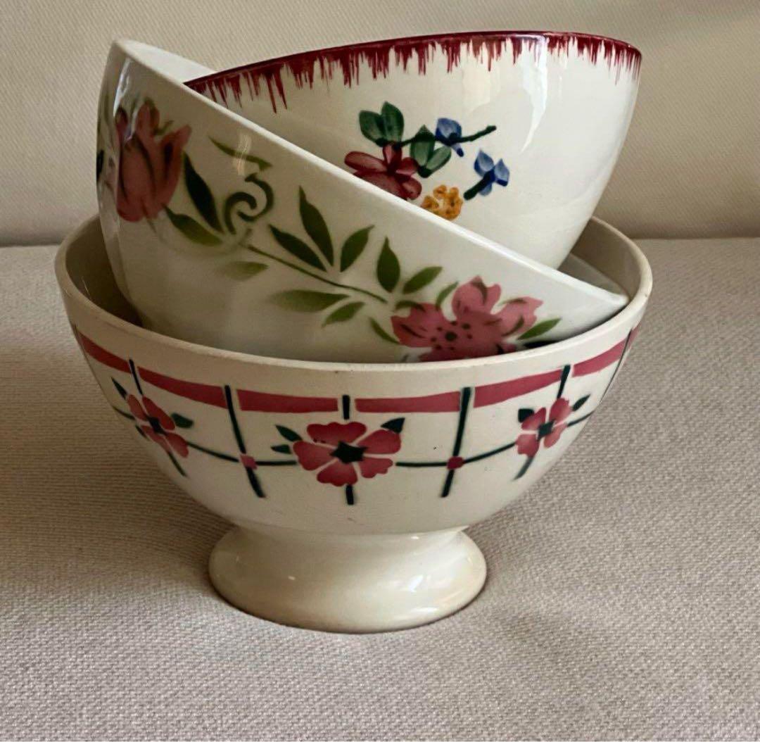 フランス アンティーク カフェオレボウル ピンクのお花柄 3個セット