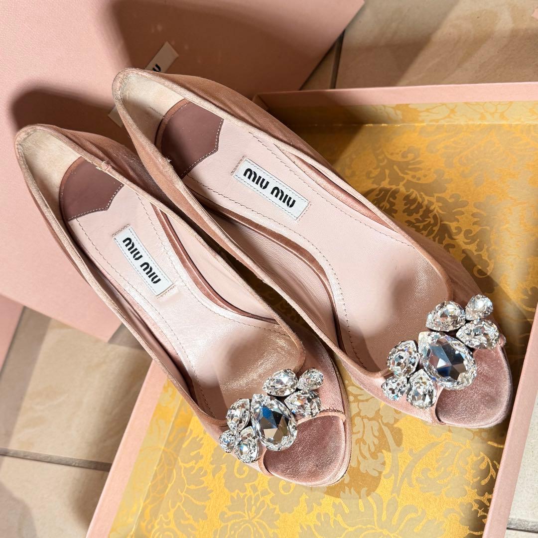 miumiu ビジューシルクサテンオープントゥハイヒールパンプス 36 1/2