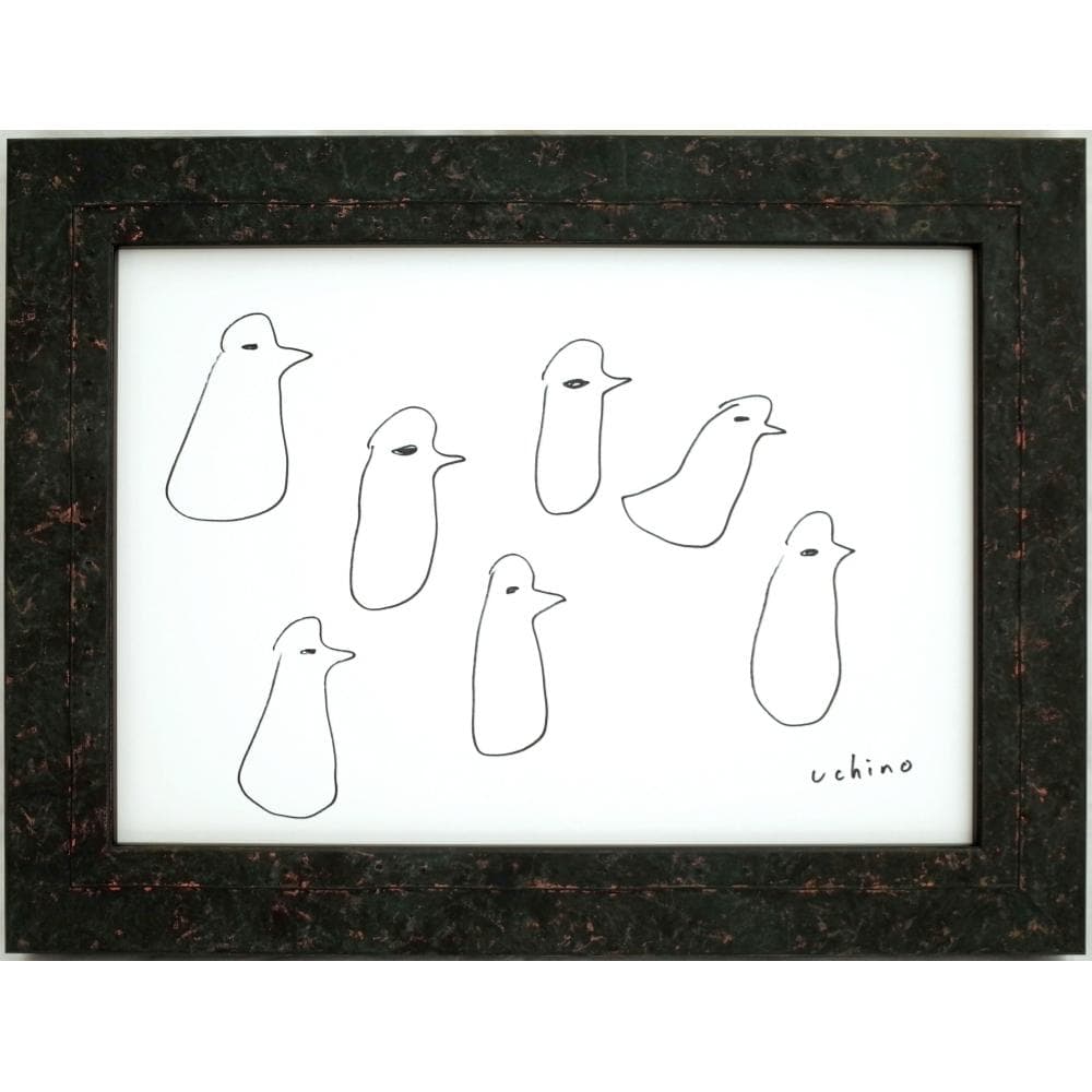 内野隆文　とりのマーチ　鳥　ドローイング　イラスト　絵画　現代美術　額縁　真作