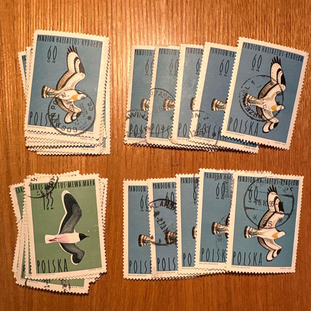 おしゃれな外国切手 ポーランド 鳥 2種 大型 30枚 海外切手 紙もの 古
