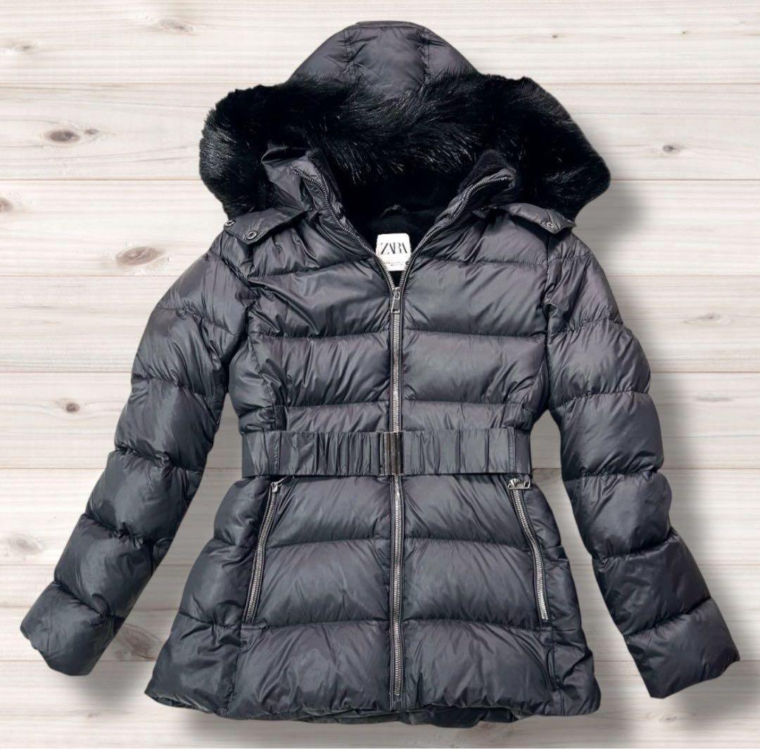 ZARA ザラ　ダウンコート　Aライン　フードファー・ベルト　2way　ブラック