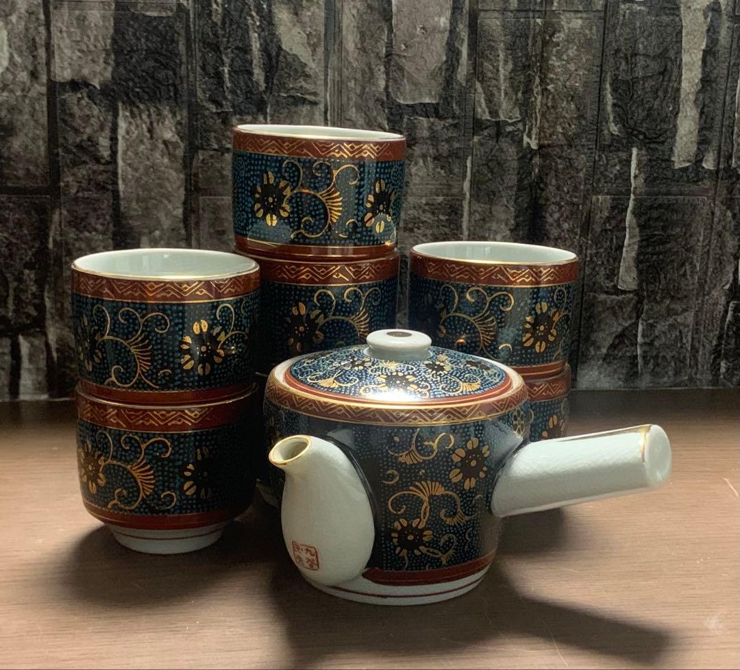 九谷焼 茶器セット 青粒鉄仙 急須＆湯呑み7客 伝統工芸 金彩 煎茶道具