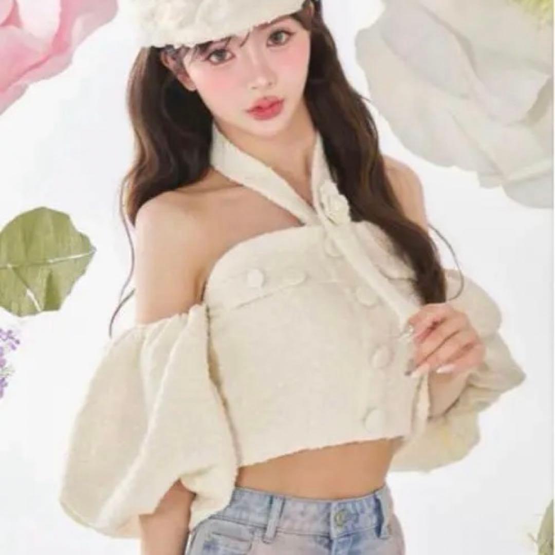 正規品　darich ホルターネックオフショルツイードトップス　白　パフスリーブ ダーリッチ Darich ホルターネックオフショルツイードトップス