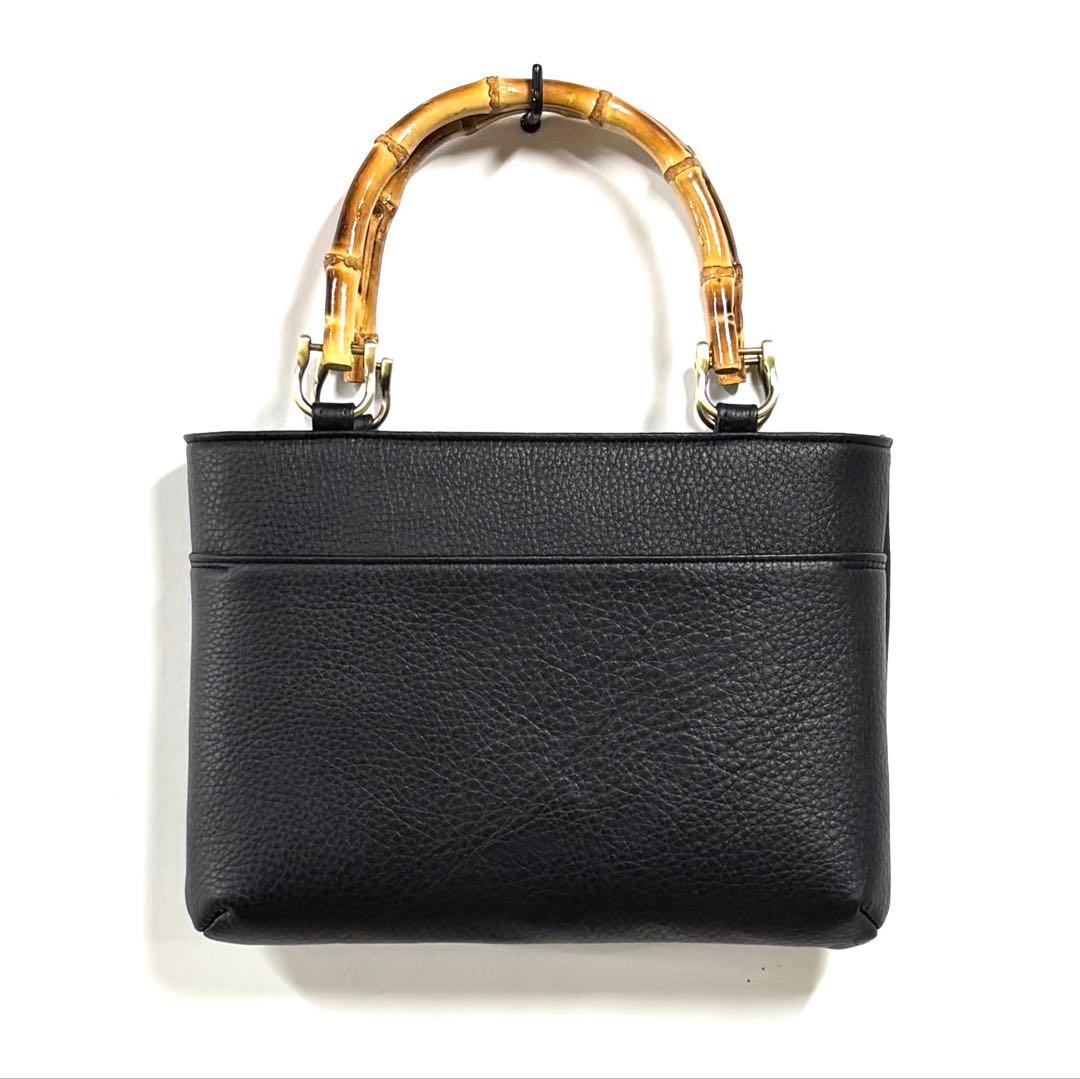 牛革シュリンクバンブー手提げ 外ポケ付 横型 小 黒 ◆ 神輿祭り竹手バッグ