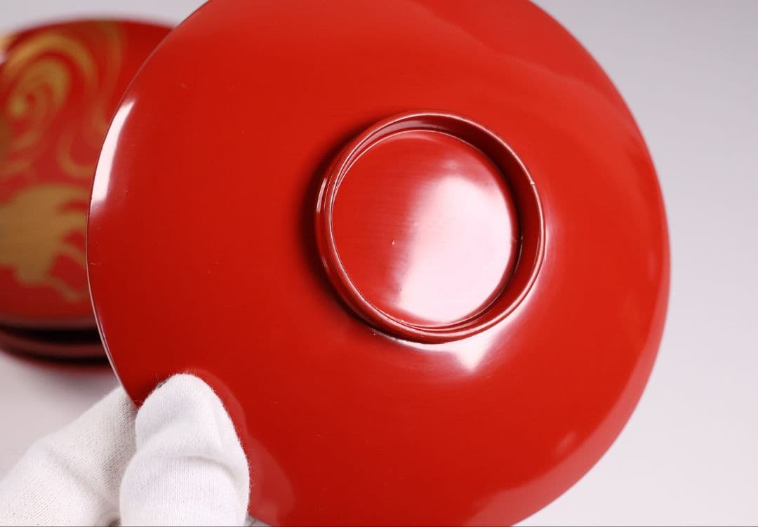 CM374】時代木製漆器 光琳写 金蒔絵 群鶴図 朱塗 引盃 五客 小皿 杯