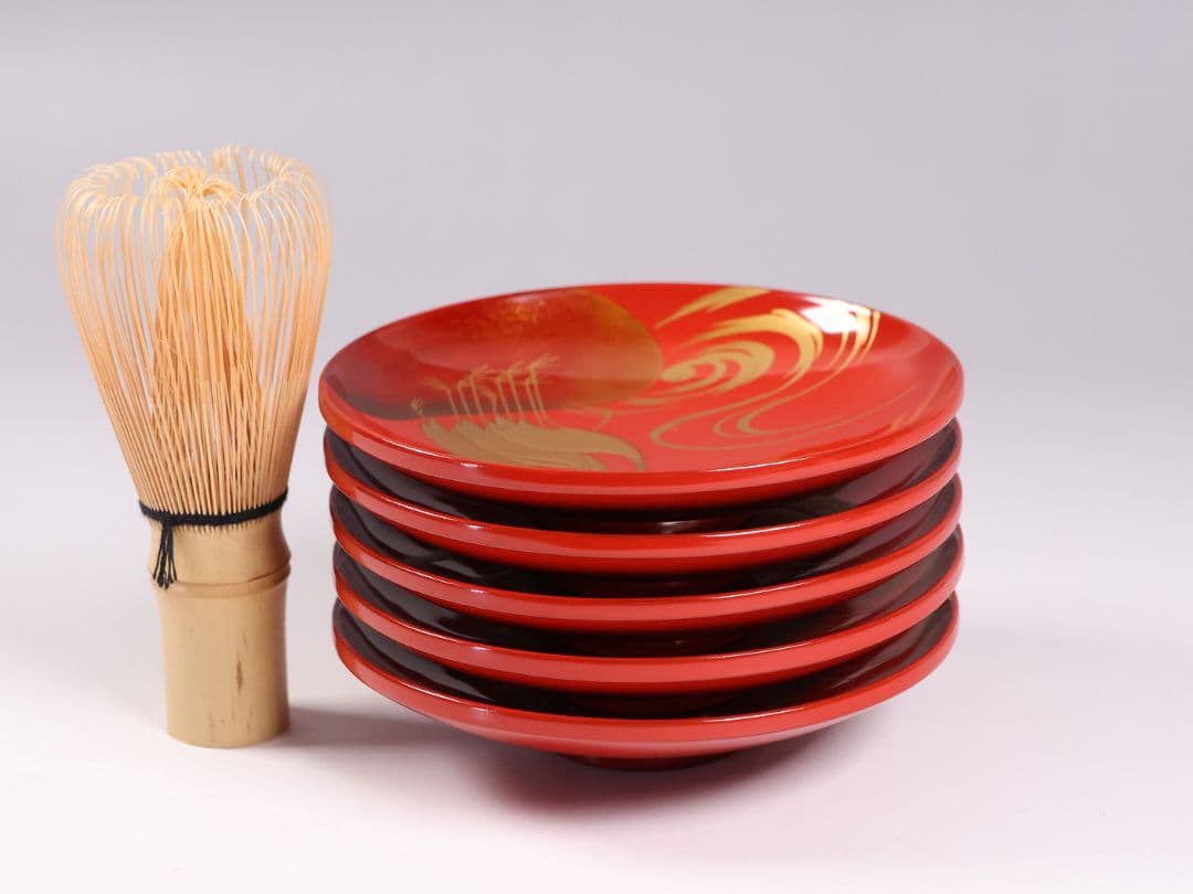 CM374】時代木製漆器 光琳写 金蒔絵 群鶴図 朱塗 引盃 五客 小皿 杯