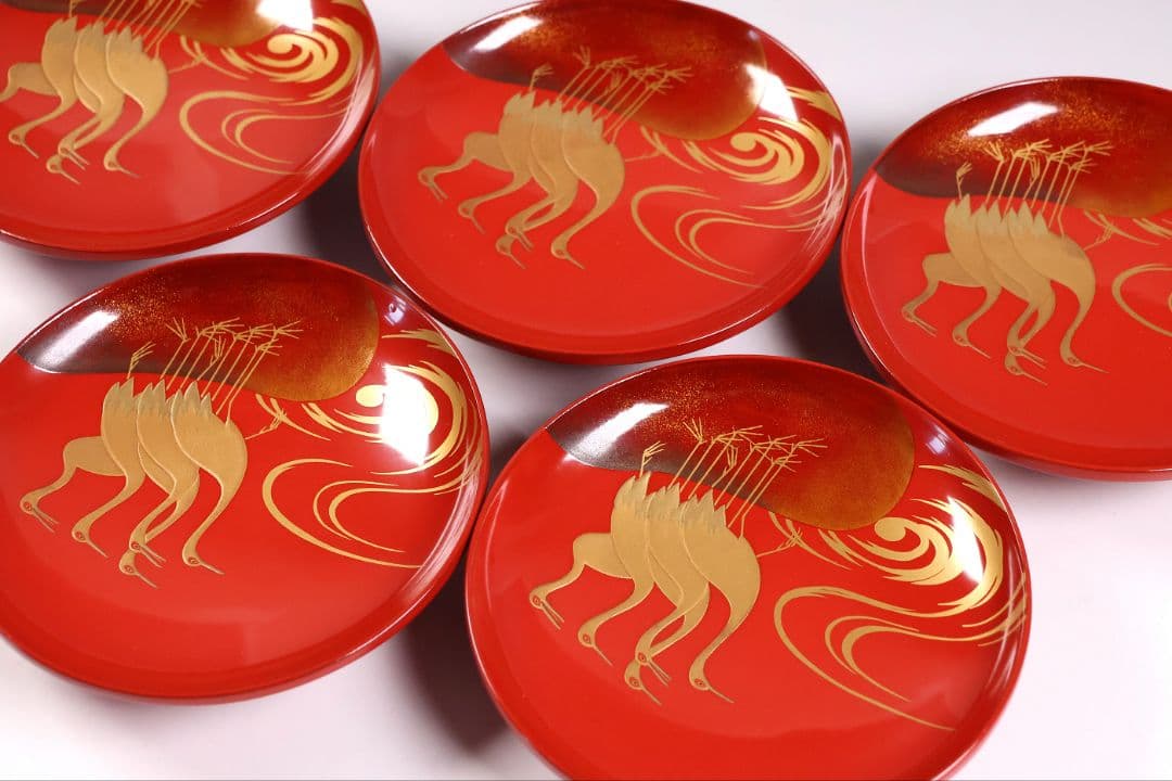 CM374】時代木製漆器 光琳写 金蒔絵 群鶴図 朱塗 引盃 五客 小皿 杯