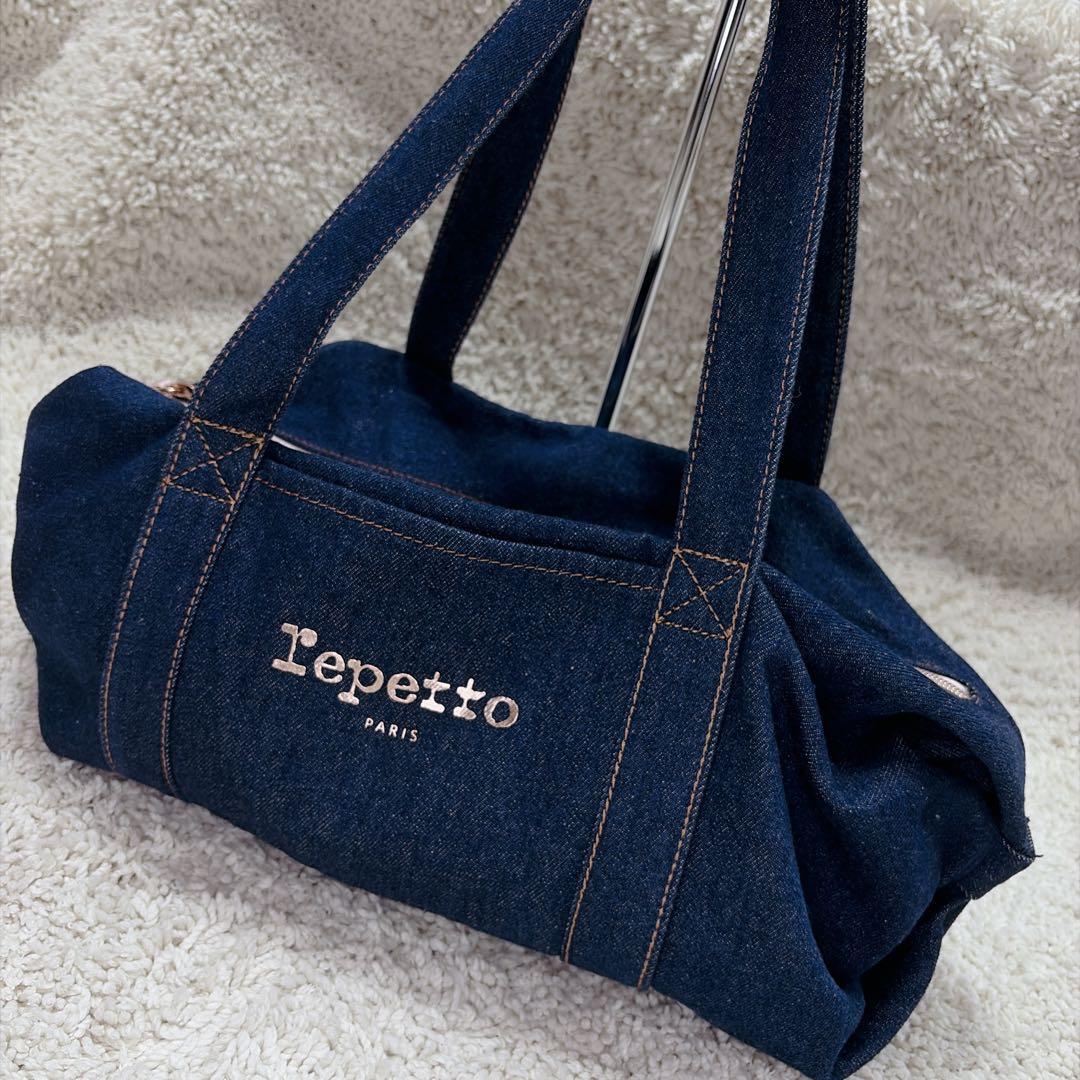 【美品】レペット サイドリボン ドラムバッグ (中) デニム ボストンバッグ M