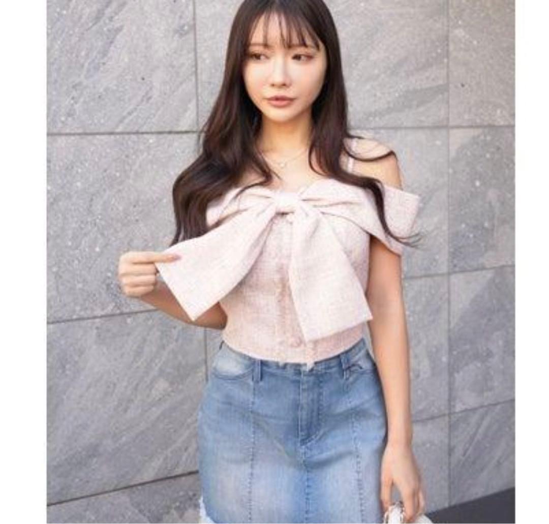 リップサービス　ツイードリボンオフショルトップス ピンク①