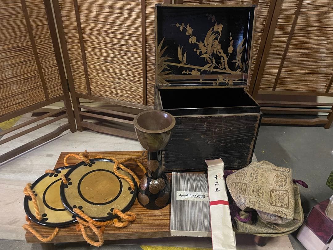 幸流小鼓6点セット　蒔絵小鼓　革　正譜　扇子　袋　元箱付き